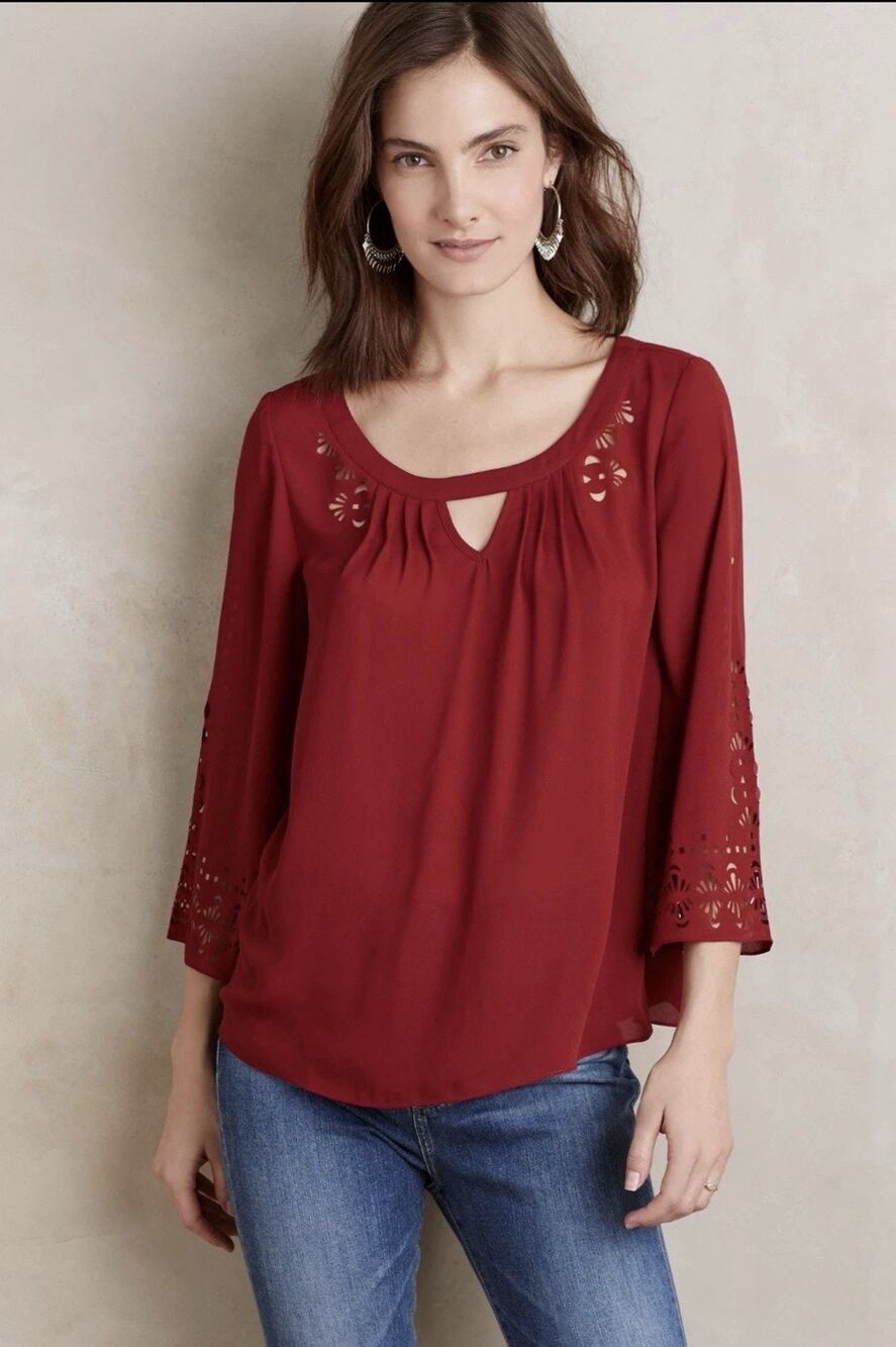 Anthropologie Maeve Teni Blouse Womens Size 8 Red Laser Cut Bell Sleeve Chiffon